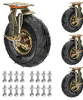 Set Of 4 Heavy Duty Pneumatic Rubber Caster Wheels 8 And 10 Inch Industrial Swivel Casters With Brakes shown with mounting bolts.