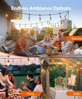 100Ft Outdoor String Lights With Remote Dimmable Edison Bulbs illuminating balcony, garden party, and patio settings.