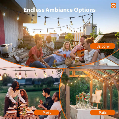 100Ft Outdoor String Lights With Remote Dimmable Edison Bulbs illuminating balcony, garden party, and patio settings.