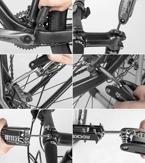 Cyclist using 16 In 1 Foldable Bike Tool Kit For Cyclists, Portable Multitool With Allen Wrenches And Tire Levers for bike maintenance