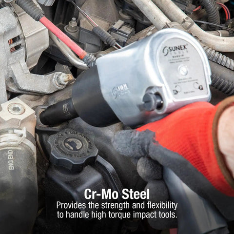 Mechanic using Deep 1/2 Inch Drive Metric Impact Socket Set, 14-Piece, 6-Point, High-Torque Chrome Moly Steel on engine