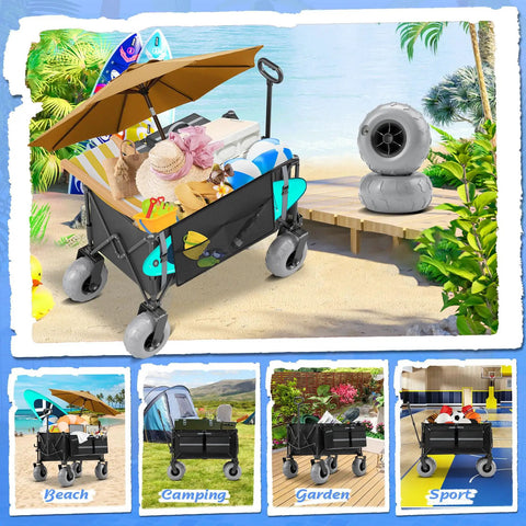 All Terrain Beach Wagon With 9 Inch Inflatable Tires, Heavy Duty Foldable Cart For Sand, 180L Cargo Space Displayed Outdoors
