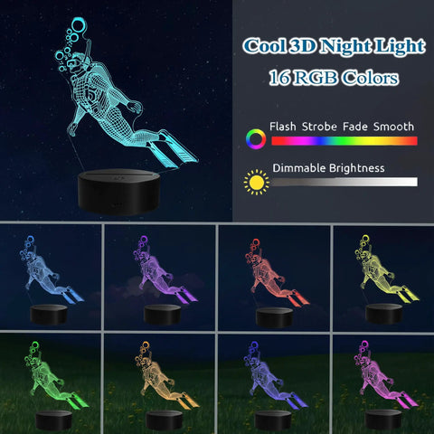 Scuba Night Light 3D Illusion Lamp With Remote 16 RGB Colors 4 Flash Modes shown with scuba diver design