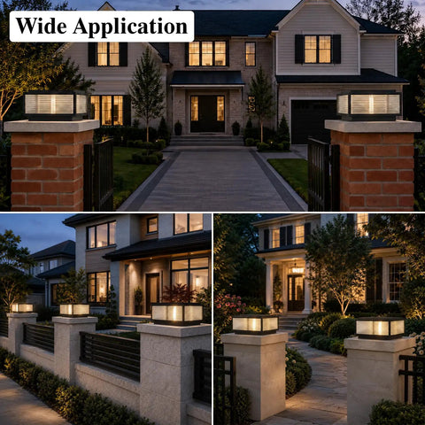 Level Up Your Curb Game With This Badass Outdoor Porch Lamp Post Light Featuring A Large Black Gate Column Pillar Design Built Tough For Weatherproof Pathway Vibes Classic Carriage Styling on landscaped driveway.