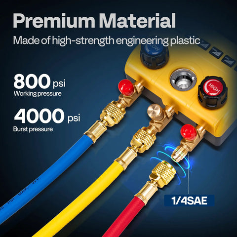 Close-up of Digital HVAC Manifold Gauge Set With Temperature Probes And Three Hoses For R134a R410a R32 R1234yf R454B