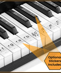 Close-up of keyboard keys with keynote stickers, part of 61 Key Digital Keyboard Piano Kit With Stand and Bench for Beginners