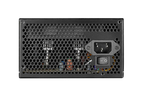 Back view of Beefy 600W ATX Power Supply with 80 Plus Certified Efficiency and Active PFC, showing power input and switch.