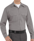 Mens Long Sleeve Utility Work Shirt With Tough Soil Release Fabric And Classic Seven Button Front Featuring Roomy Chest Pockets Built Different For Hardcore Daily Grind And All Week Comfort, gray color, shown on model.