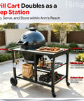 Kickass 22 Inch Steel Kamado Charcoal Grill And Egg Smoker With Cart featuring a prep station with shelves and grill accessories.