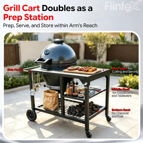 Kickass 22 Inch Steel Kamado Charcoal Grill And Egg Smoker With Cart featuring a prep station with shelves and grill accessories.