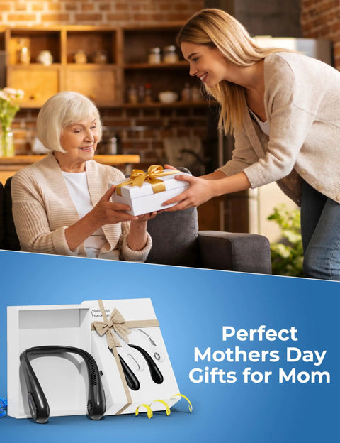 Wearable Bladeless Neck Fan For Hands Free Cooling On The Go Rechargeable Portable Cooling Device Perfect Gift For Dad And Mom Camping Travel Beach Golf Cruise Work And Everyday Use gift set, displayed with a bow.