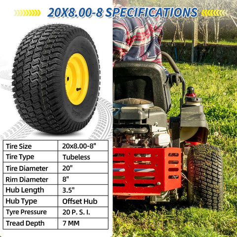 20x8.00-8 Lawn Mower Tires and Wheels 2 Pack Tubeless 4 Ply 3.5 Inch Offset Hub 3/4 Bore Keyway Replacement for Riding Tractor Mower