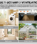 Collage showing 5Ft Dryer Vent Hose 4 Inch, 6 Layer Heavy Duty Aluminum Flexible Duct with applications in laundry room, air duct, bathroom, and greenhouse.