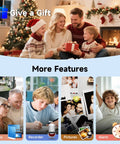 Family celebrating Christmas with gifts, showcasing features like video, recorder, pictures, alarm of 64GB MP3 Player With Bluetooth 5.3 And Built-In Speaker. Plug-And-Play Easy-To-Use Music Player For On-The-Go Listening.