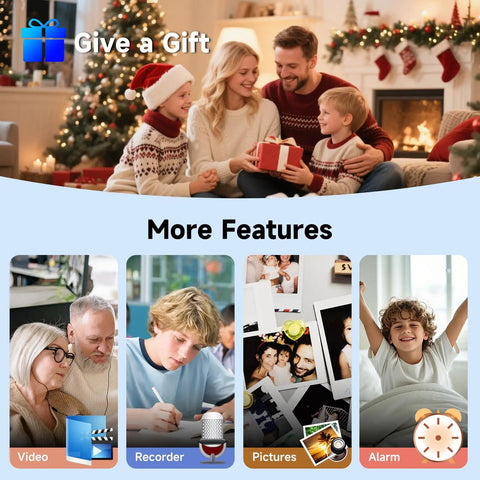 Family celebrating Christmas with gifts, showcasing features like video, recorder, pictures, alarm of 64GB MP3 Player With Bluetooth 5.3 And Built-In Speaker. Plug-And-Play Easy-To-Use Music Player For On-The-Go Listening.