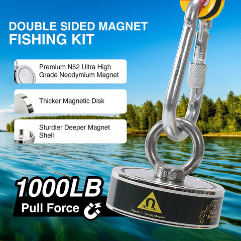Double Sided Magnet Fishing Kit With 1000LB Pull Neodymium N52 Magnets And Case shown with magnet on a lake backdrop