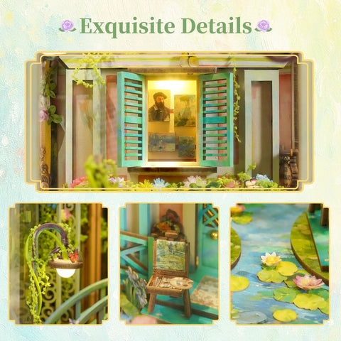 DIY Book Nook Kit For Grownups 3D Wooden Miniature House Puzzle With LED Lights Dust Cover And Bookend Insert Giverny Garden