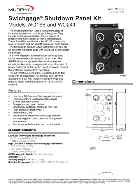 Diagram and specifications of 12V Swichgage Shutdown Panel Kit For Industrial Engines With Universal Fit Model W0168-12.