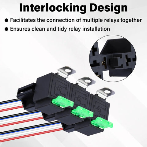 3 Piece 12V Fuse Relay Harness Set with Built In 30A Blade Fuse, 4 Pin SPST Automotive Relays, Heavy Duty 14 AWG Wiring
