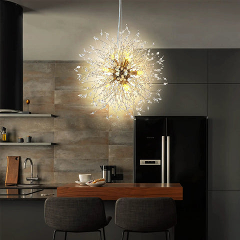 9-Light Dandelion Gold Fireworks Crystal Chandelier in modern kitchen setting