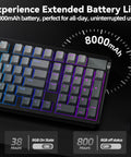 Top Shelf Triple Mode Wireless Gaming Mechanical Keyboard With Full Number Pad and Slick Volume Knob showing 8000mAh battery life.