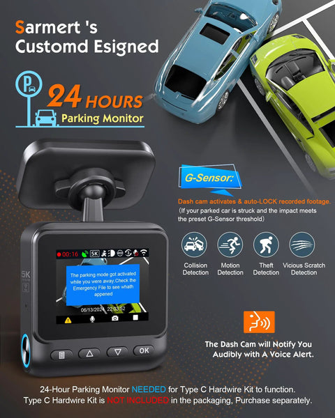 5K Front Dash Cam With GPS And 5G WiFi Sony STARVIS Sensor HDR Night Vision Crystal Clear 5120X2160P Video showing parking mode interface