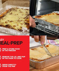 Heavy Duty 9x13 Aluminum Baking Pan With Lids 10 Pack in use for lasagna meal-prep and baking, showing step-by-step instructions.