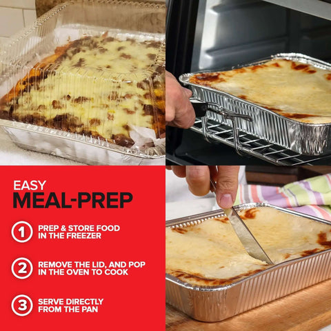 Heavy Duty 9x13 Aluminum Baking Pan With Lids 10 Pack in use for lasagna meal-prep and baking, showing step-by-step instructions.