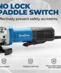 4-1/2-Inch Corded Angle Grinder 1100W 11800RPM Pure Copper Motor showing no lock paddle switch for safety.
