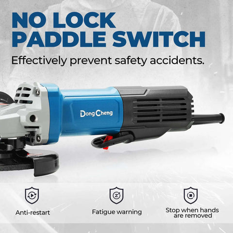 4-1/2-Inch Corded Angle Grinder 1100W 11800RPM Pure Copper Motor showing no lock paddle switch for safety.
