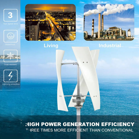 10KW Vertical Maglev Wind Turbine Generator Kit Lantern Three Blades Mppt Controller Off Grid Inverter showcased with water and skyline.
