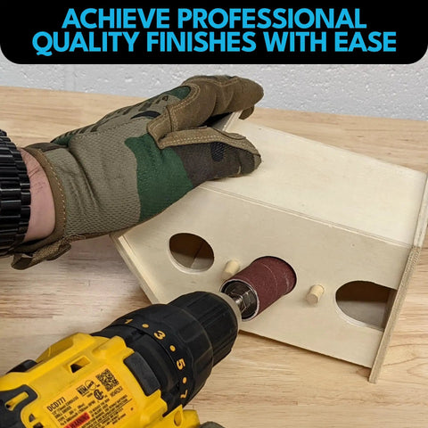 Using Sanding Drum And Sleeve Set For Drills And Drill Presses on wood block, spindle sander attachment visible.