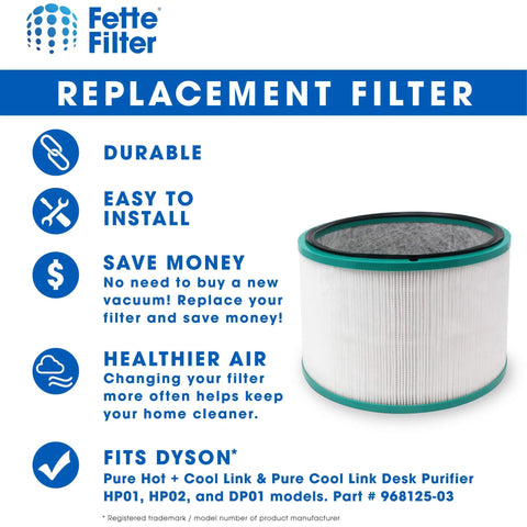 H13 True HEPA 360 Degree Glass Filter For HP01 HP02 DP01 DP02 Desk Air Purifier Compatible With Pure Hot Cool Link Easy Install Replacement 1 Pack For Quiet Efficient Purification In Home And Office shown with features and benefits