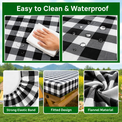 Waterproof Fitted Picnic Table Cover Set For Six Foot Tables With Elastic Edges Includes Bench Covers 72 By 30 Inch Tablecloth And 12