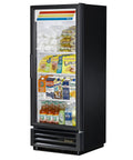Top Shelf Heavy Duty Commercial Single Swing Glass Door Merchandiser Refrigerator Featuring Eco Friendly Hydrocarbon Cooling And Bright Led Display For Retail Shops, showcasing beverages and snacks.