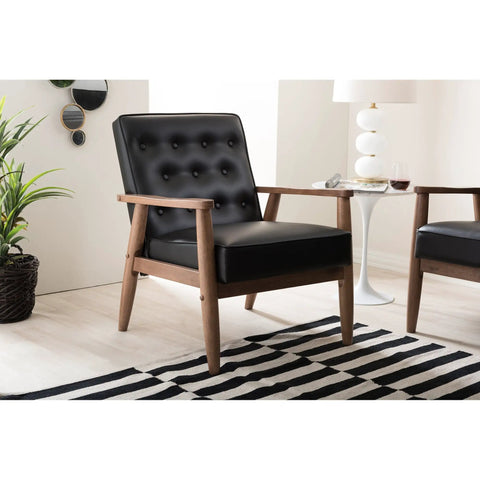 Mid Century Lounge Chair With Wood Frame In Dark Walnut Finish, Button Tufted Cushions With Piping, Removable Cushions in a living room.