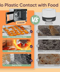 Comparison of Large Capacity Food Dehydrator with Six Stainless Trays vs plastic, highlighting stainless steel benefits.