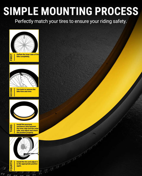Installation steps for Fat Bike Tire Liner For Mountain Bikes Puncture-Resistant Protector, showing yellow liner inside tire.