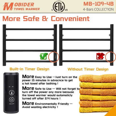 Comparative view of heated towel warmer rack with timer, wall-mounted design, and towels, MB 109 4B model, energy efficient.