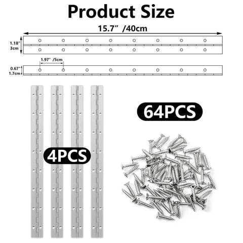 4 Pack 16 Inch Stainless Steel Piano Hinges Heavy Duty Continuous Strip With 64 Mounting Screws shown with size details and screws.