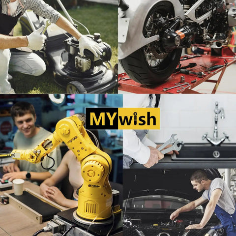 Collage of DIY projects, motorcycle repair, robotics, and car maintenance with "MYwish" logo in the center.