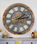 Real Moving Gear Wall Clock Vintage Industrial Home Decor Massive Rustic Farmhouse Timepiece 24 Inch Wood Panel on wall with gears