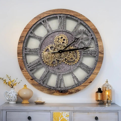 Real Moving Gear Wall Clock Vintage Industrial Home Decor Massive Rustic Farmhouse Timepiece 24 Inch Wood Panel on wall with gears