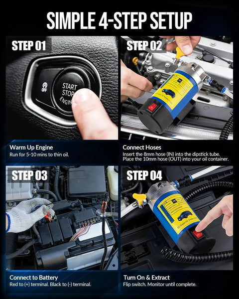 Step-by-step guide for Badass 12 Volt Electric Oil Extractor Pump setup with engine start, hose connection, battery connect, and extraction.