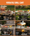 Stainless Steel Grill Cart And Pizza Oven Table With Wheels For Infrared Grills Universal Outdoor BBQ Station Built To Last Fits Ooni Ninja Gozney And More Sturdy Prep Surface With Ample Storage Shelf And Mobility shown in versatile settings as grill, dinner, food prep, and pizza table.