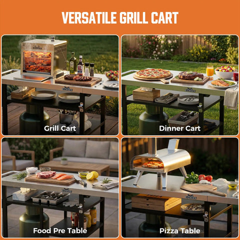 Stainless Steel Grill Cart And Pizza Oven Table With Wheels For Infrared Grills Universal Outdoor BBQ Station Built To Last Fits Ooni Ninja Gozney And More Sturdy Prep Surface With Ample Storage Shelf And Mobility shown in versatile settings as grill, dinner, food prep, and pizza table.