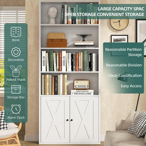 Top Shelf Industrial Farmhouse Bookshelf With Cabinet Doors And Open Shelves Floor Standing Storage Tower Display Rack For Home Office Or Living Room White Six Tier Bookcase showcasing books and decor with stylish cabinet