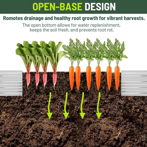 Illustration of 2 Pack 8 By 4 By 1 Foot Durable Galvanized Metal Raised Garden Bed Kit For Vegetables And Herbs Open Bottom Large Capacity Outdoor Planter Box With Stakes Silver showing open-base design with carrots and radishes growing