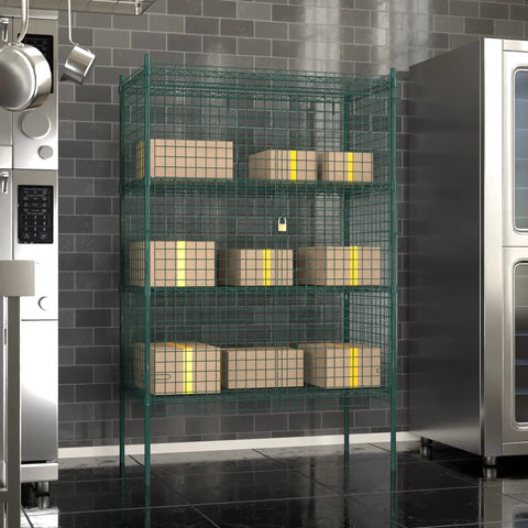 Built Tough Green Epoxy Wire Mesh Security Cage Kit With Heavy Duty NSF Listing For Commercial Walk Ins And Restaurants, 24 By 48 By 74 Inches with stacked boxes.