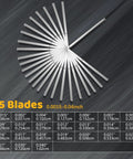 Feeler gauge set with 25 stainless blades fanned out; metric and imperial gap sizes for spark plug and valve adjustment.